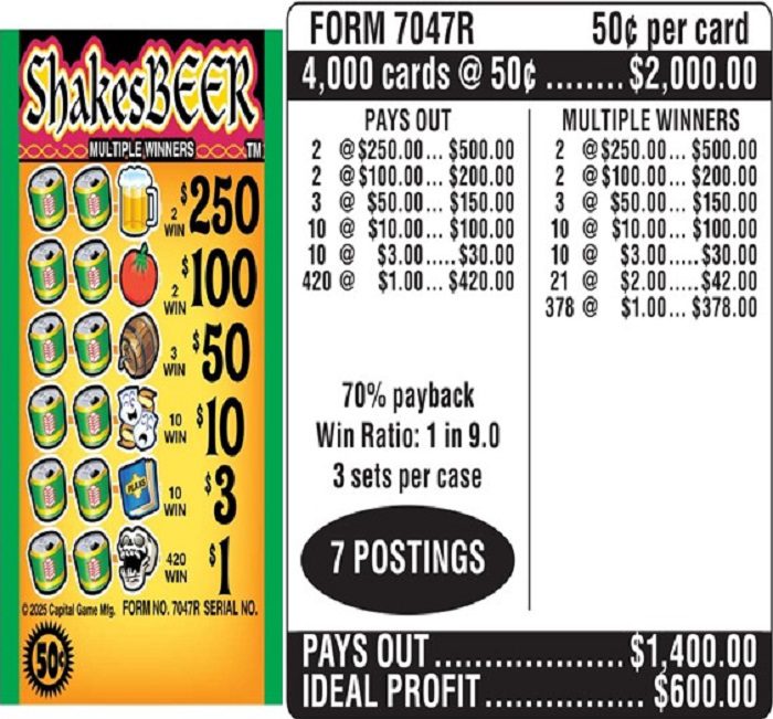 $0.50 Instant Ticket – $250 TOP – Form # 7047R Shakesbeer (3-Window)