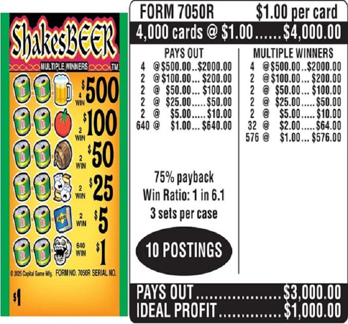 $1.00 Instant Ticket – $500 TOP ($1 Bottom) – Form # 7050R Shakesbeer (3-Window)