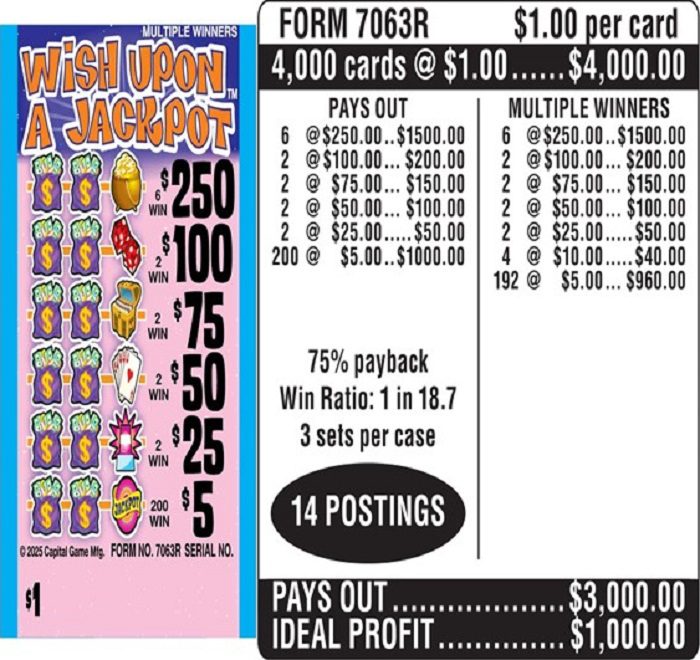 $1.00 Instant Ticket – $250 TOP ($5 Bottom) – Form # 7063R Wish Upon A Jackpot (3-Window)