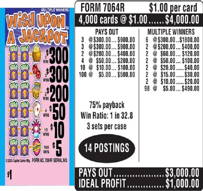$1.00 Instant Ticket – $300 TOP ($5 Bottom) – Form # 7064R Wish Upon A Jackpot (3-Window)