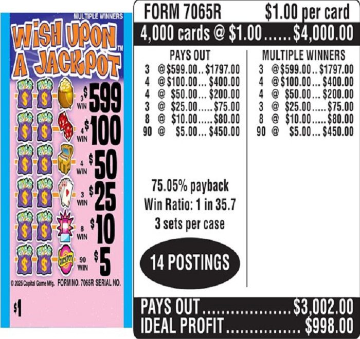 $1.00 Instant Ticket – $599 TOP ($5 Bottom) – Form # 7065R Wish Upon A Jackpot (3-Window)