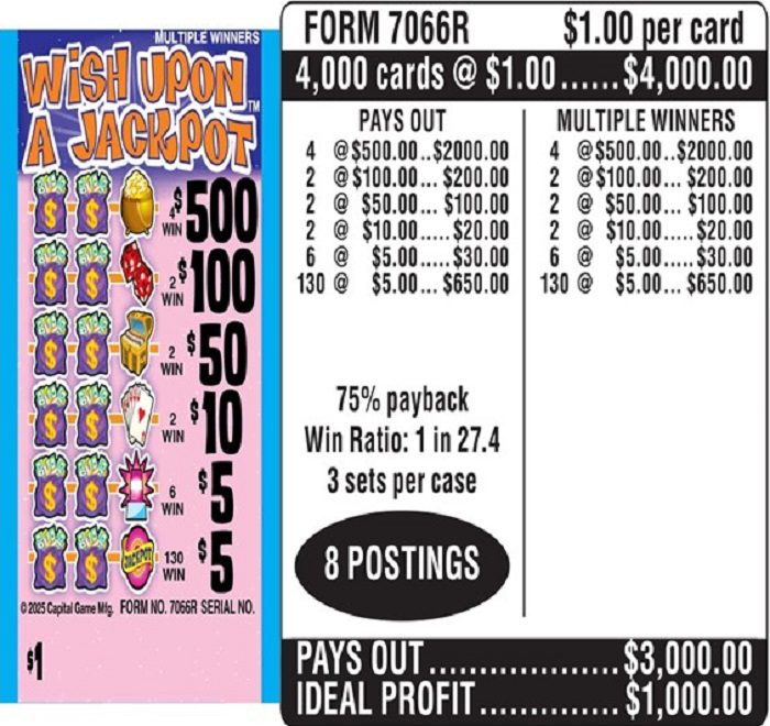 $1.00 Instant Ticket – $500 TOP ($5 Bottom) – Form # 7066R Wish Upon A Jackpot (3-Window)