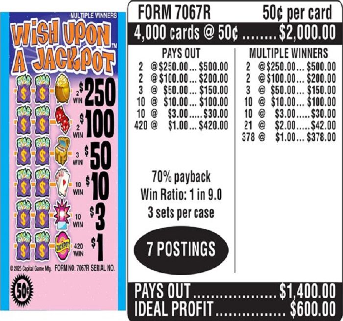 $0.50 Instant Ticket – $250 TOP – Form # 7067R Wish Upon A Jackpot (3-Window)