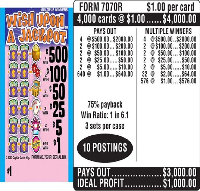 $1.00 Instant Ticket – $500 TOP ($1 Bottom) – Form # 7070R Wish Upon A Jackpot (3-Window)