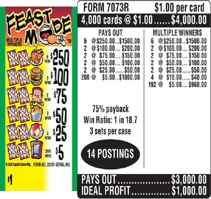 $1.00 Instant Ticket – $250 TOP ($5 Bottom) – Form # 7073R Feast Mode (3-Window)