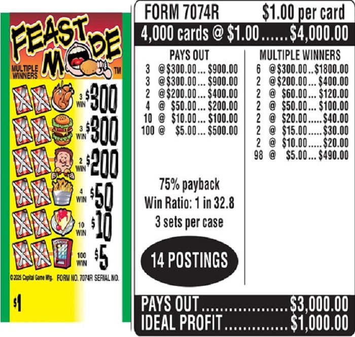 $1.00 Instant Ticket – $300 TOP ($5 Bottom) – Form # 7074R Feast Mode (3-Window)