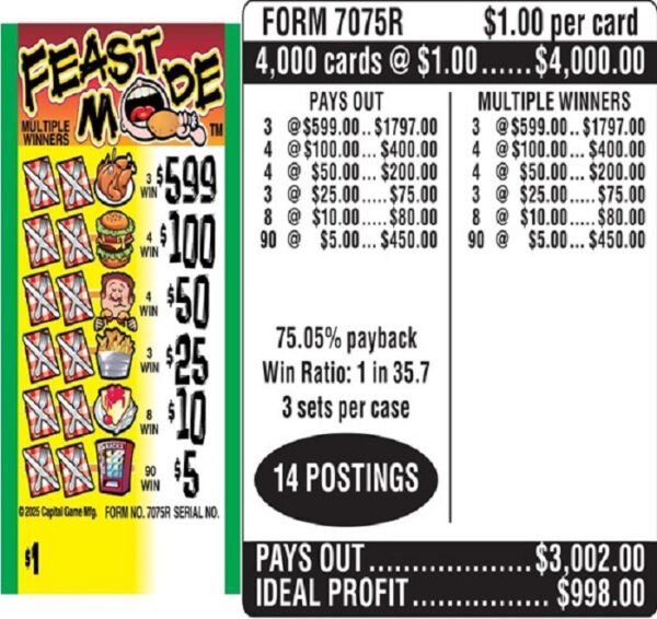 $1.00 Instant Ticket - $599 TOP ($5 Bottom) - Form # 7075R Feast Mode (3-Window)