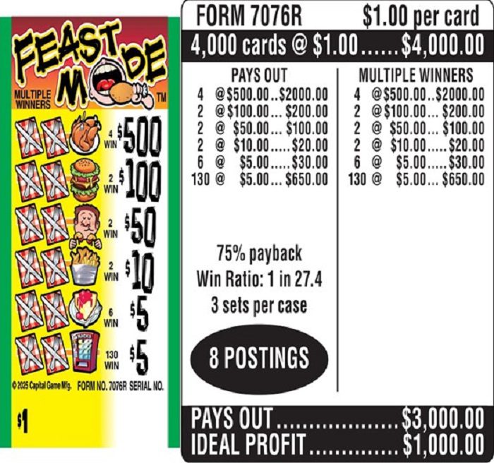 $1.00 Instant Ticket – $500 TOP ($5 Bottom) – Form # 7076R Feast Mode (3-Window)