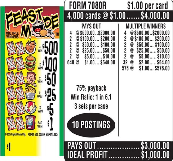 $1.00 Instant Ticket – $500 TOP ($1 Bottom) – Form # 7080R Feast Mode (3-Window)