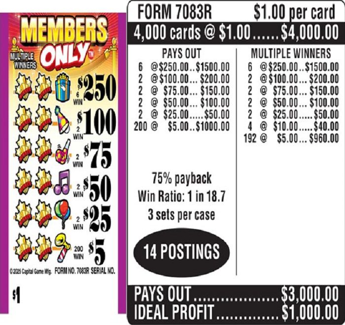 $1.00 Instant Ticket – $250 TOP ($5 Bottom) – Form # 7083R Members Only (3-Window)
