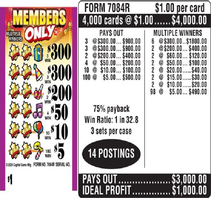 $1.00 Instant Ticket – $300 TOP ($5 Bottom) – Form # 7084R Members Only (3-Window)