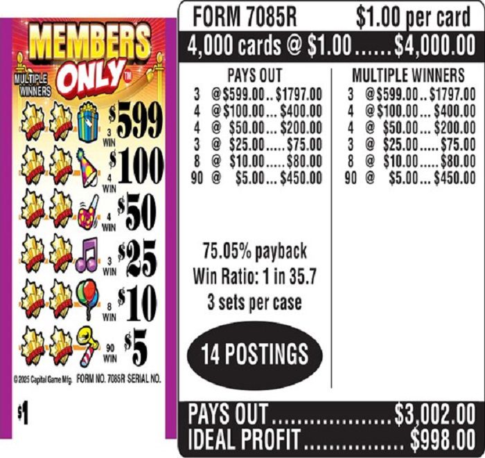 $1.00 Instant Ticket – $599 TOP ($5 Bottom) – Form # 7085R Members Only (3-Window)