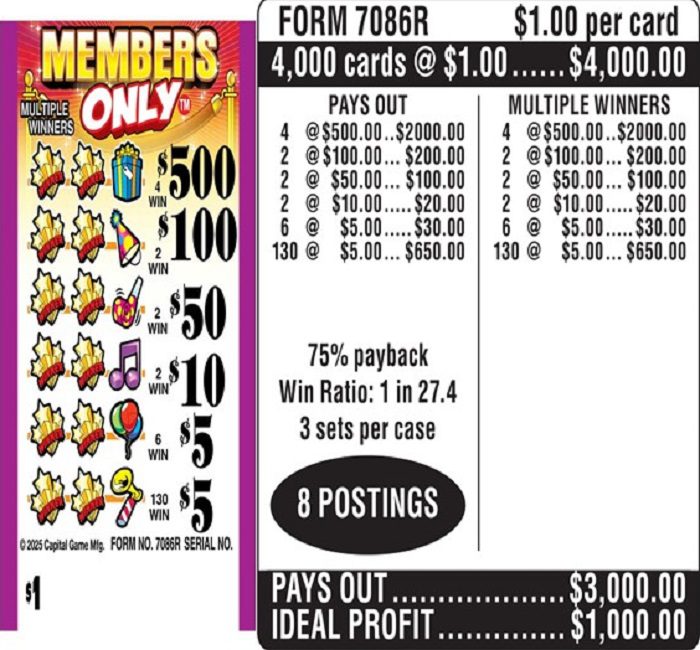 $1.00 Instant Ticket – $500 TOP ($5 Bottom) – Form # 7086R Members Only (3-Window)