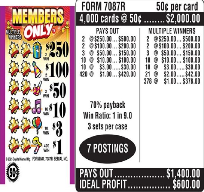 $0.50 Instant Ticket – $250 TOP – Form # 7087R Members Only (3-Window)