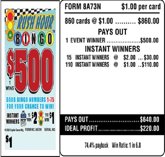 $1.00 Bingo Event Ticket – $500 TOP – Form # 8A73N Rush Hour Bingo