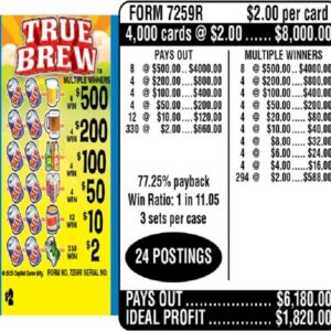 $2.00 Instant Ticket - $500 TOP ($2 Bottom) - Form # 7259R True Brew (3-Window)