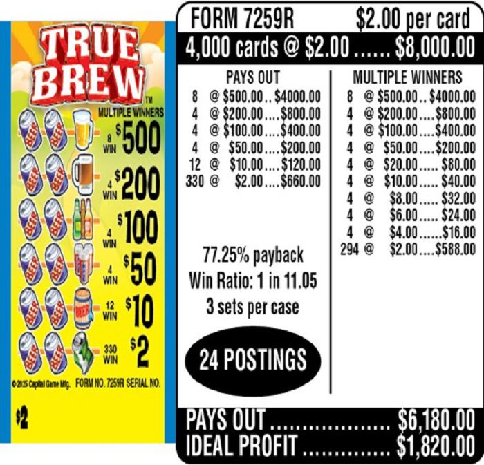 $2.00 Instant Ticket – $500 TOP ($2 Bottom) – Form # 7259R True Brew (3-Window)