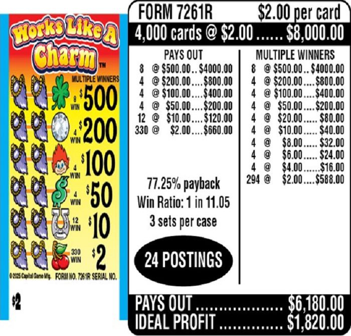 $2.00 Instant Ticket – $500 TOP ($2 Bottom) – Form # 7261R Works Like A Charm (3-Window)