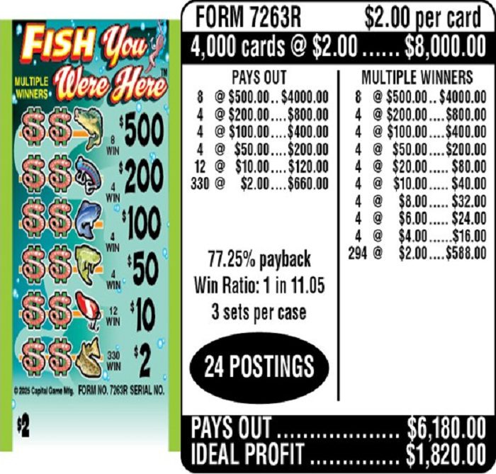 $2.00 Instant Ticket – $500 TOP ($2 Bottom) – Form # 7263R Fish You Were Here (3-Window)