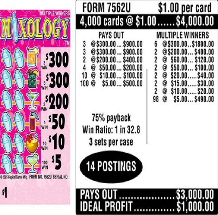 $1.00 Instant Ticket – $300 TOP ($5 Bottom) – Form # 7562U Mixology (3-Window)