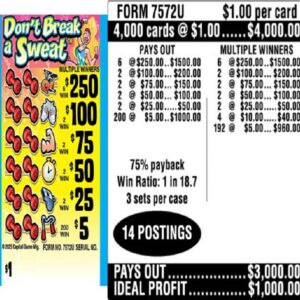 $1.00 Instant Ticket - $250 TOP ($5 Bottom) - Form # 7572U Don't Break A Sweat (3-Window)