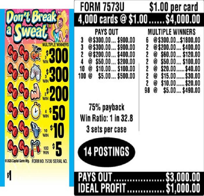 $1.00 Instant Ticket – $300 TOP ($5 Bottom) – Form # 7573U Don’t Break A Sweat (3-Window)