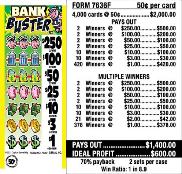 $0.50 Instant Ticket – $250 TOP – Form # 7636F Bank Buster (5-Window)