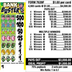 $1.00 Instant Ticket - $500 TOP ($1 Bottom) - Form # 7639F Bank Buster (5-Window)