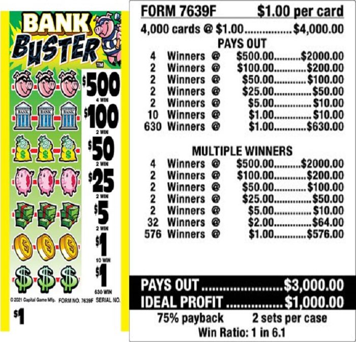 $1.00 Instant Ticket – $500 TOP ($1 Bottom) – Form # 7639F Bank Buster (5-Window)