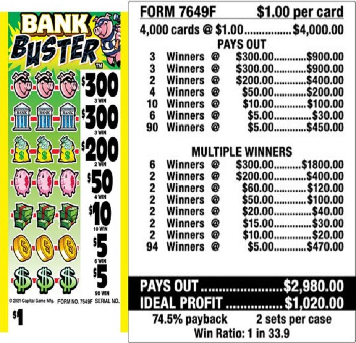 $1.00 Instant Ticket – $300 TOP ($5 Bottom) – Form # 7649F Bank Buster (5-Window)