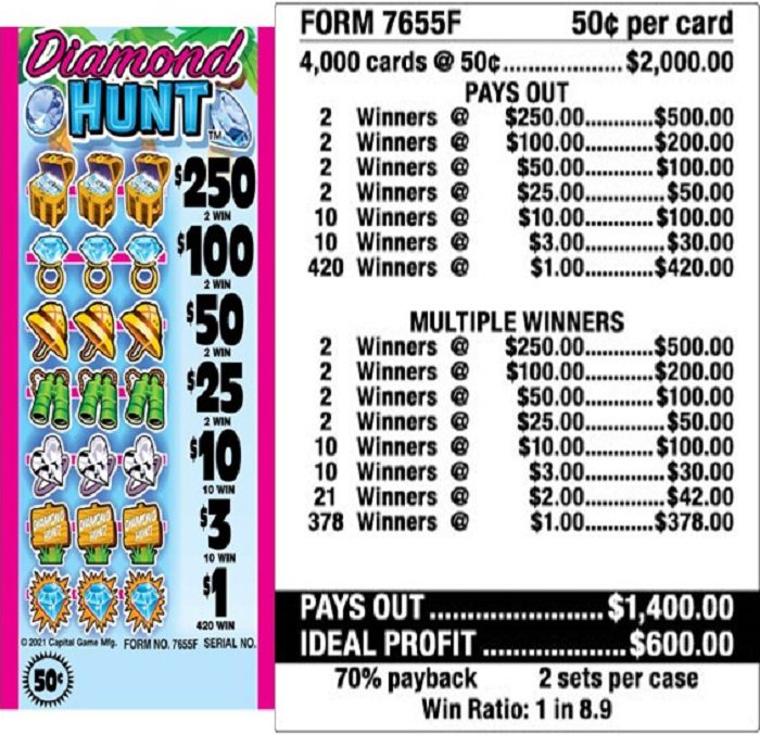 $0.50 Instant Ticket – $250 TOP – Form # 7655F Diamond Hunt (5-Window)