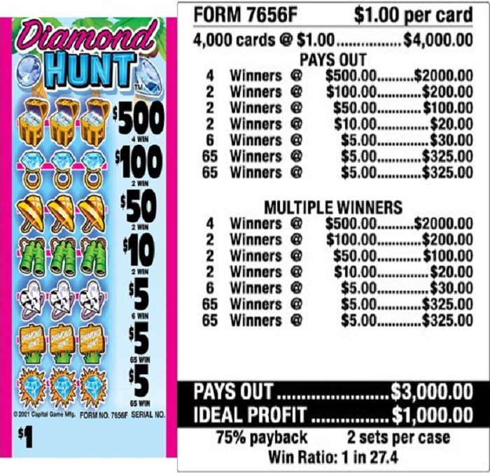$1.00 Instant Ticket – $500 TOP ($5 Bottom) – Form # 7656F Diamond Hunt (5-Window)