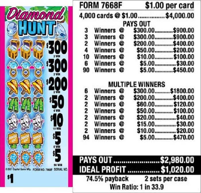 $1.00 Instant Ticket – $300 TOP ($5 Bottom) – Form # 7668F Diamond Hunt (5-Window)