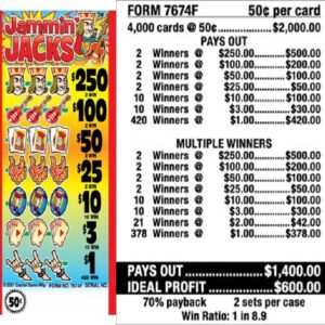 $0.50 Instant Ticket - $250 TOP - Form # 7674F Jammin' Jacks (5-Window)