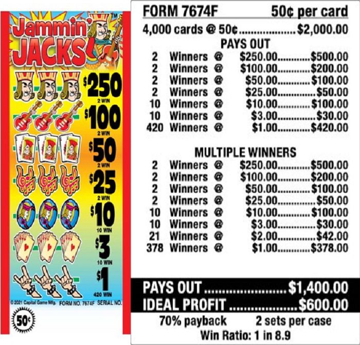$0.50 Instant Ticket – $250 TOP – Form # 7674F Jammin’ Jacks (5-Window)
