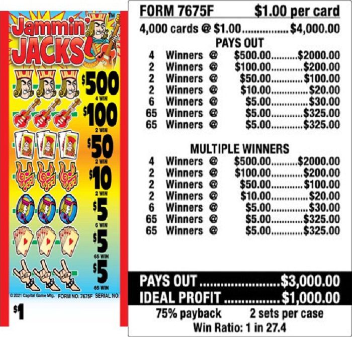 $1.00 Instant Ticket – $500 TOP ($5 Bottom) – Form # 7675F Jammin’ Jacks (5-Window)