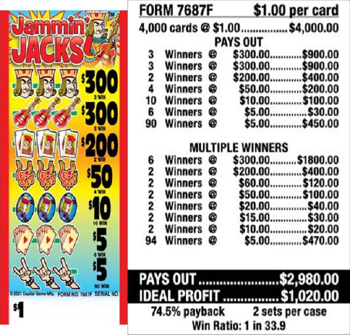 $1.00 Instant Ticket – $300 TOP ($5 Bottom) – Form # 7687F Jammin’ Jacks (5-Window)